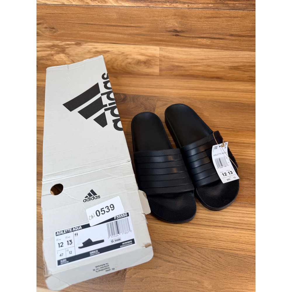 Adidas Adilette Aqua Slides Mens 12 Womens 13 Core Black Sandals F35550 NEW